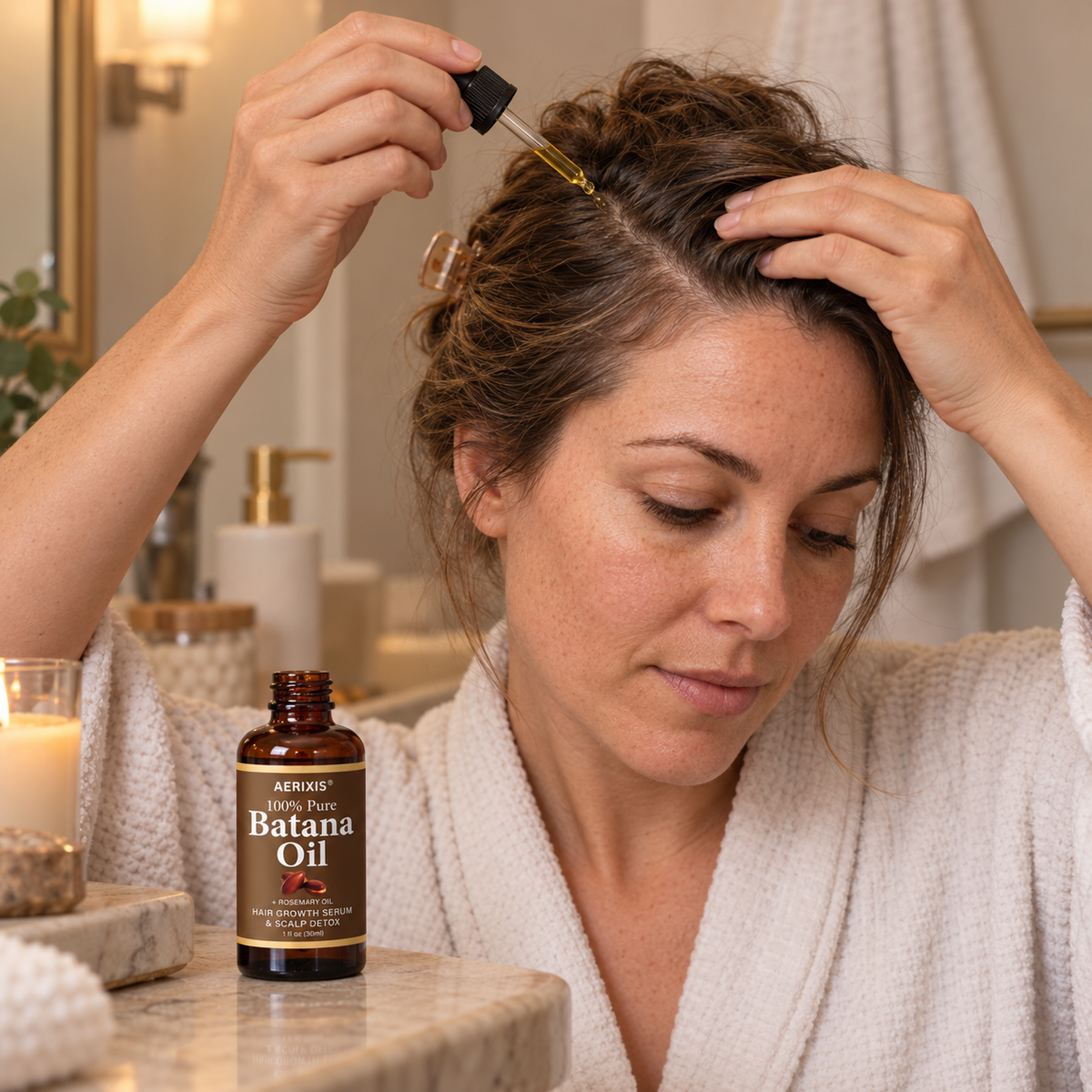 Woman applying Aerixis Pure Batana Oil Serum to her hair
