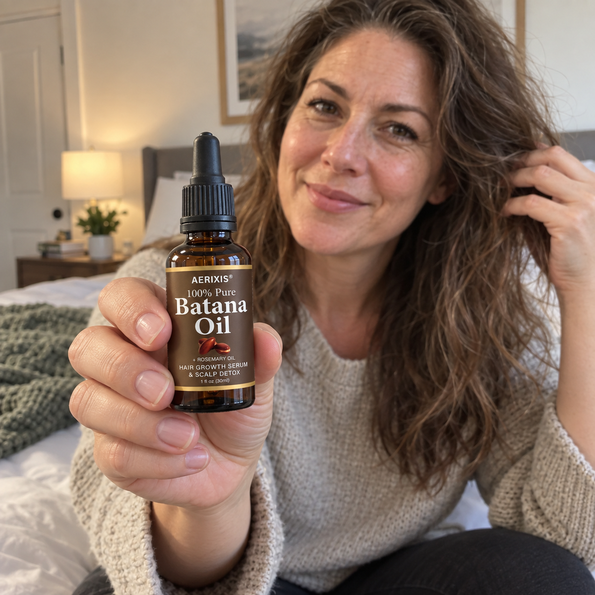 Woman holding Aerixis Pure Batana Oil Serum